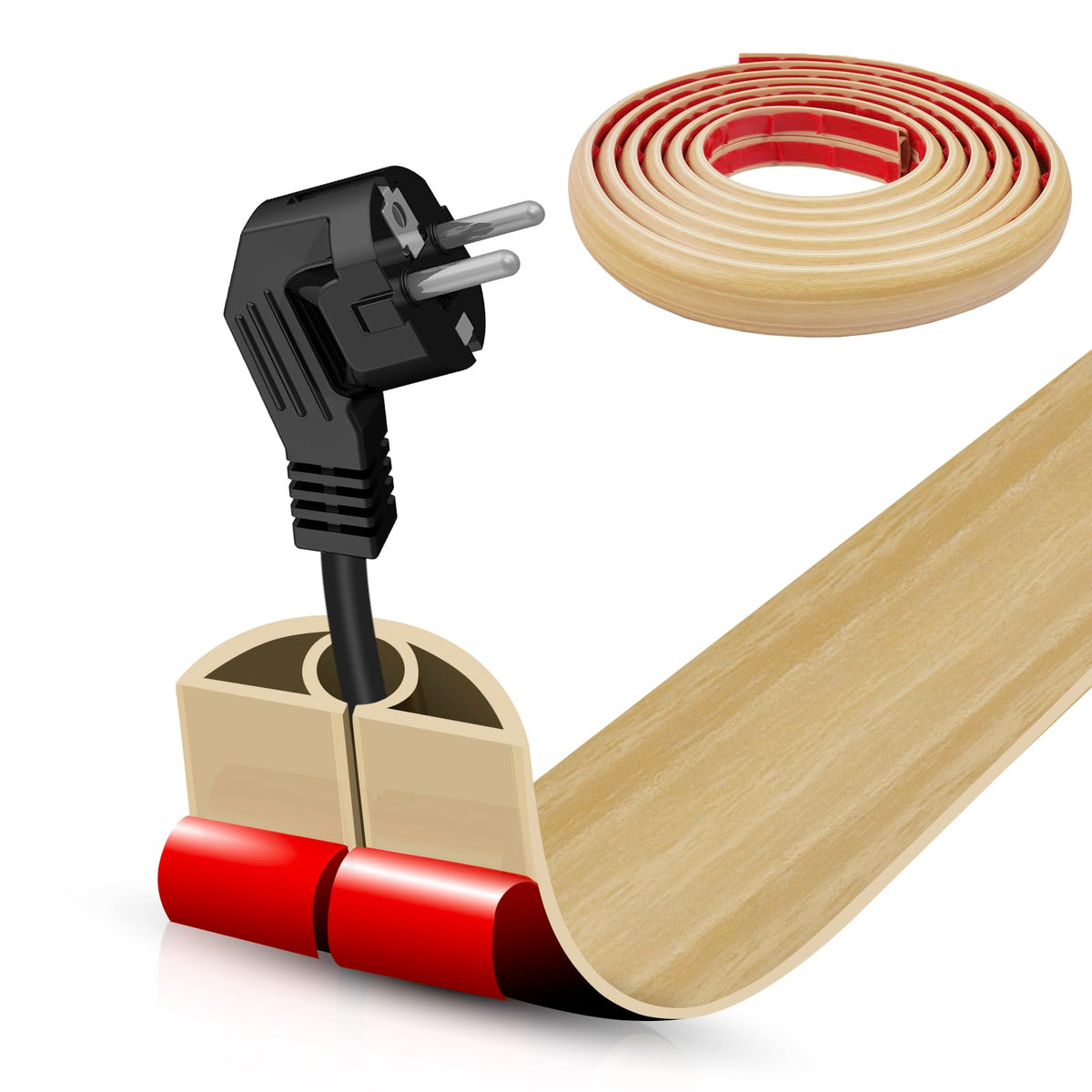 Floor Cord Cover Self Adhesive Cord Hider,3.3FT Cable Management, Extension Strip Protector for Wires, Prevent Cable Trips for Offices, Gyms, Exhibitions Cavity:0.3"(W) x 0.28"(H) Brown Wood