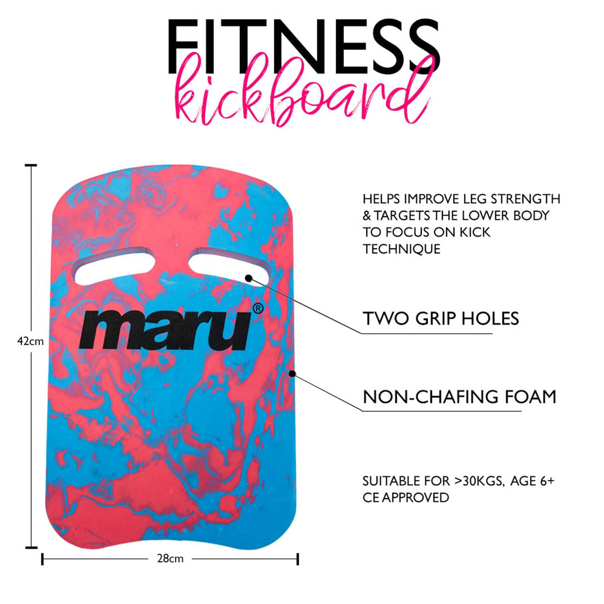 Maru Swimming Kickboard – Buoyant Foam Swim Float for Kick Strength & Technique – L42xW28cm – Easy-Grip, Non-Chafing Swimming Float for Children & Adults (6+) – Trusted by Coaches
