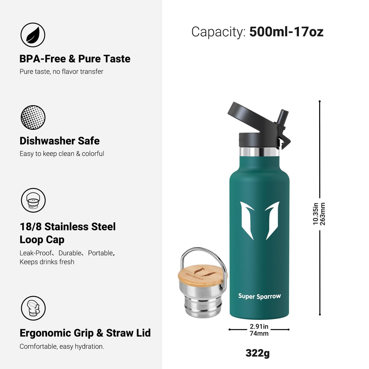 Sparrow Insulated Water Bottle W/Straw -Metal Water Bottles-500ml&750ml&1L