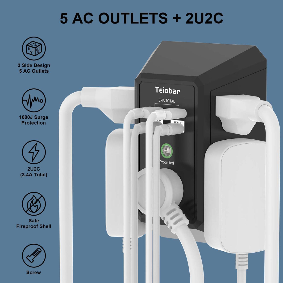 Multi Plug Wall Outlet Surge Protector with 6-Outlet & 4 USB Ports(2USB-C)