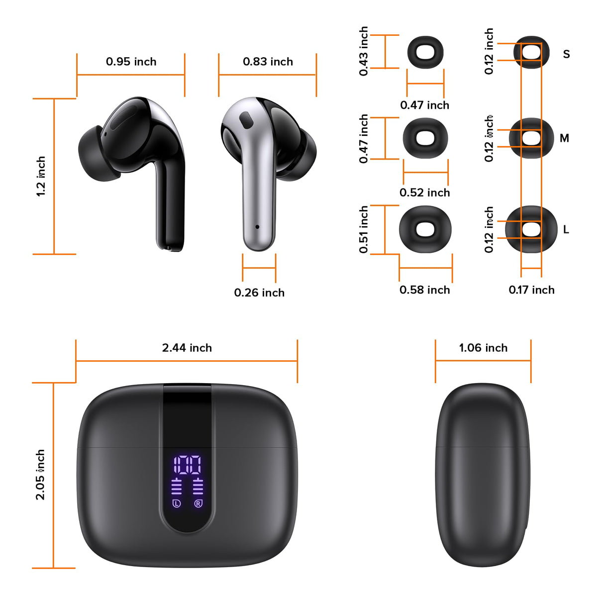 TAGRY Bluetooth Headphones True Wireless Earbuds 60H Playback LED Power Display Earphones with Wireless Charging Case IPX5 Waterproof in-Ear Ear buds with Mic for TV Smart Phone Laptop Computer Sports