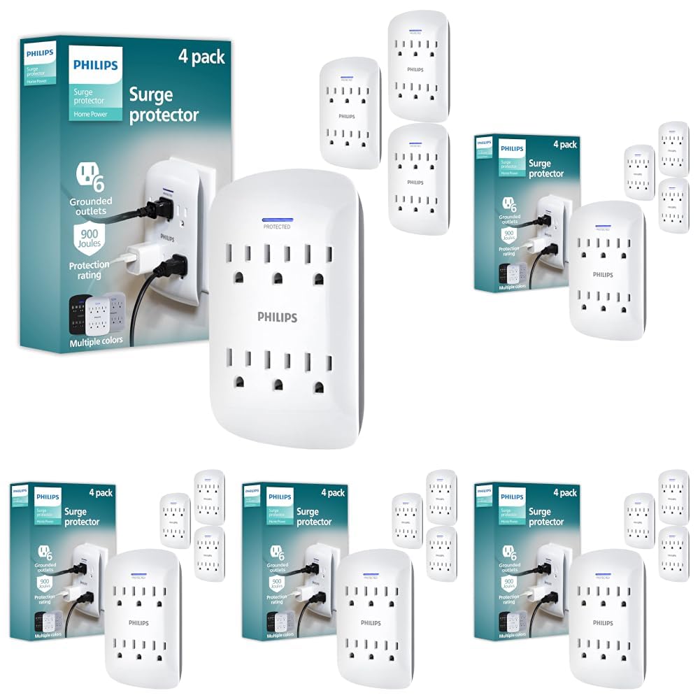 Philips 6-Outlet Extender Surge Protector, Wall Tap, 900 Joules, 3-Prong