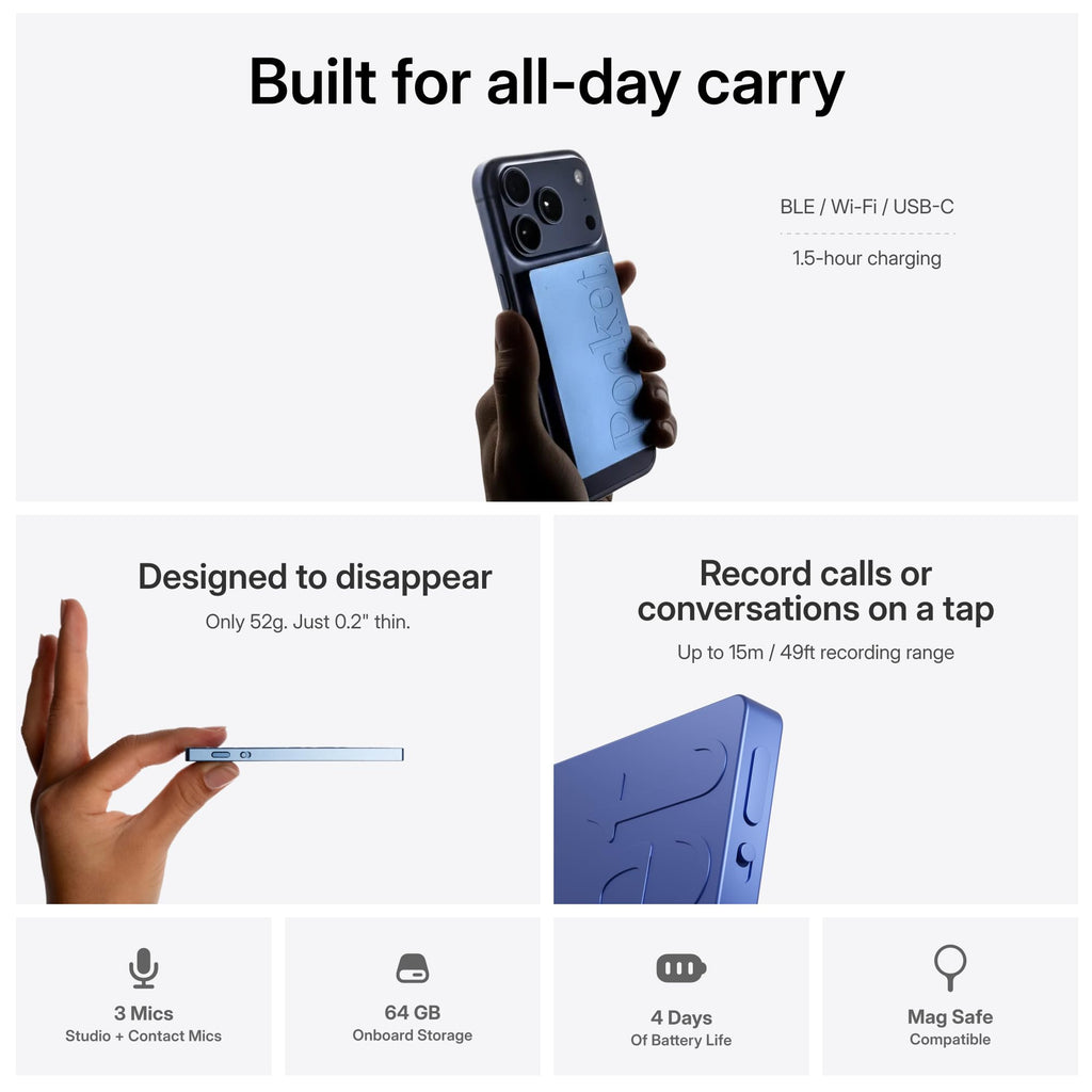 Pocket AI Voice Recorder, Auto Transcription, AI Note Taker, Space Grey