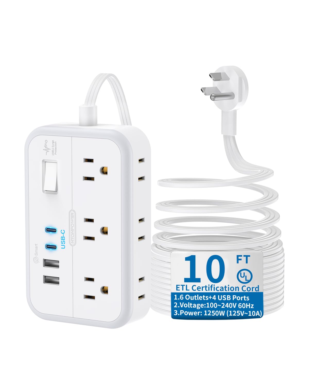 Flat Extension Cord 15 ft, NTONPOWER Surge Protector Power Strip with 6 Widely Outlets 4 USB Ports(2 USB C), Flat Plug, Wall Mounted, Side Outlet Extender for Indoor, Home Office, Dorm Room Essentials