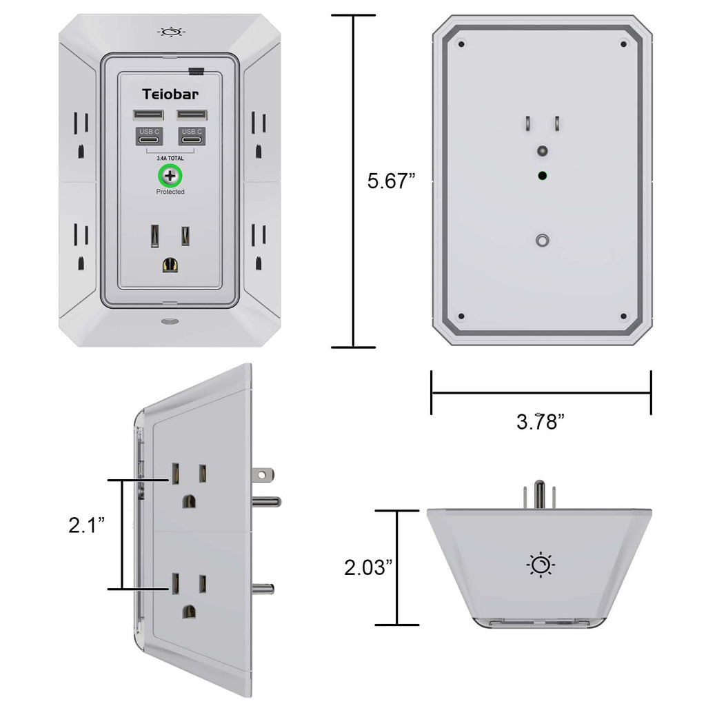 Multi Plug Wall Outlet Surge Protector with 6-Outlet & 4 USB Ports(2USB-C)