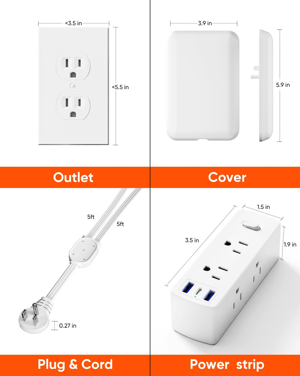 Olcorife Flat Extension Cord with Outlet Cover, Flat Plug Power Strip with 6 Outlets and 3 USB Ports, 8 FT Cord Hidden Outlet Extender for Tight Spaces