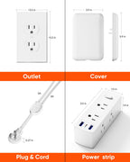 Olcorife Flat Extension Cord with Outlet Cover, Flat Plug Power Strip with 6 Outlets and 3 USB Ports, 8 FT Cord Hidden Outlet Extender for Tight Spaces
