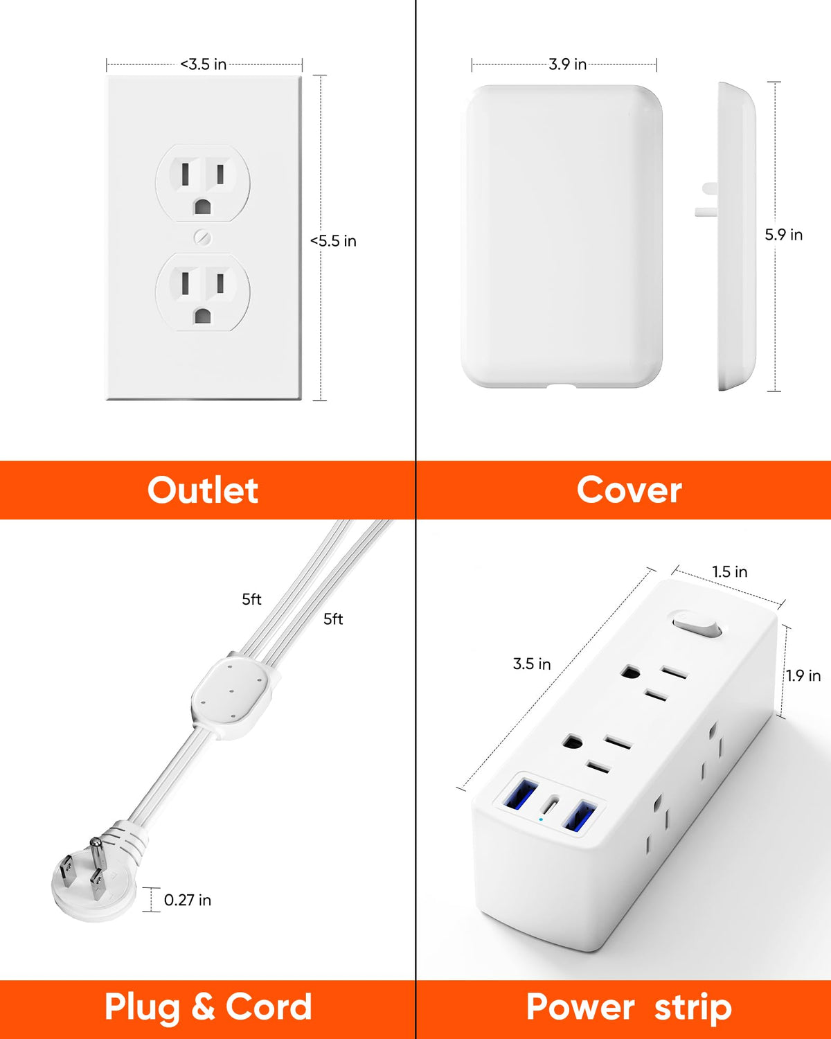 Olcorife Flat Extension Cord with Outlet Cover, Flat Plug Power Strip with 6 Outlets and 3 USB Ports, 8 FT Cord Hidden Outlet Extender for Tight Spaces