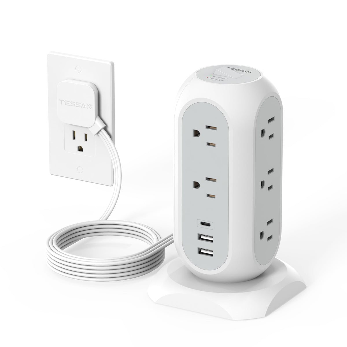 TESSAN Tower Power Strip Flat Plug with 1050J Surge Protection, 6 Ft, Black