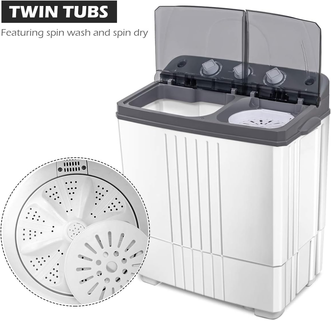 Giantex Portable Washing Machine, 20lbs Capacity, 12lbs Washer and 8lbs Spinner, Compact for Apartment RV, Gray & White, GX20313-PE