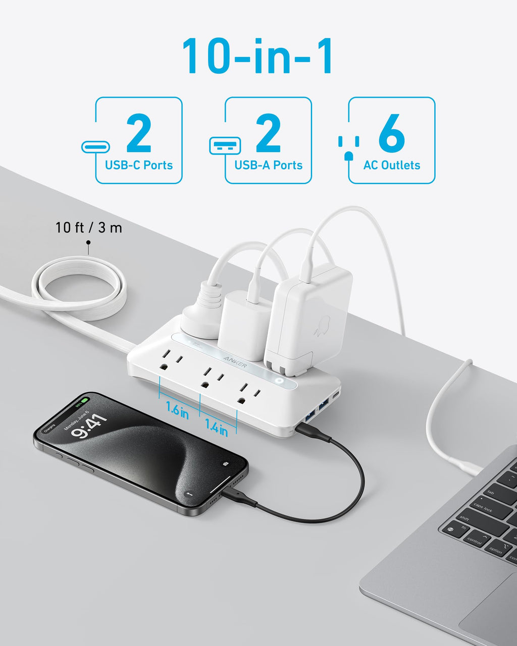 Anker Power Strip with 300J Surge Protector, 5ft Outlet Extender, 20W, 6AC