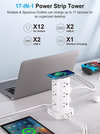 6FT Power Strip Tower with Wireless Charger,Surge Protector with 12 Outlets