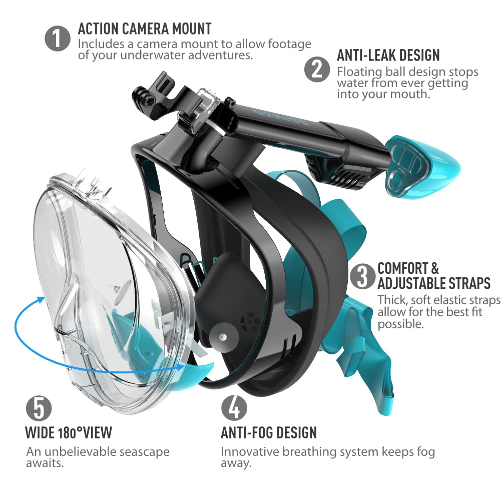 G2RISE SN01 Full Face Snorkel Mask with Detachable Camera Mount, Anti-Fog and Foldable Design, Advanced Breathing System for a Safe Adults/Kids Snorkeling Experience