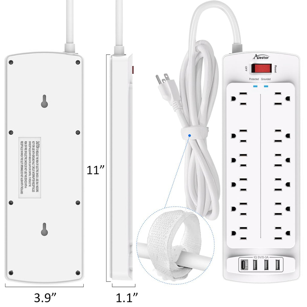 ALESTOR 6 Ft Surge Protector Power Strip with 12 Outlets and 4 USB Ports