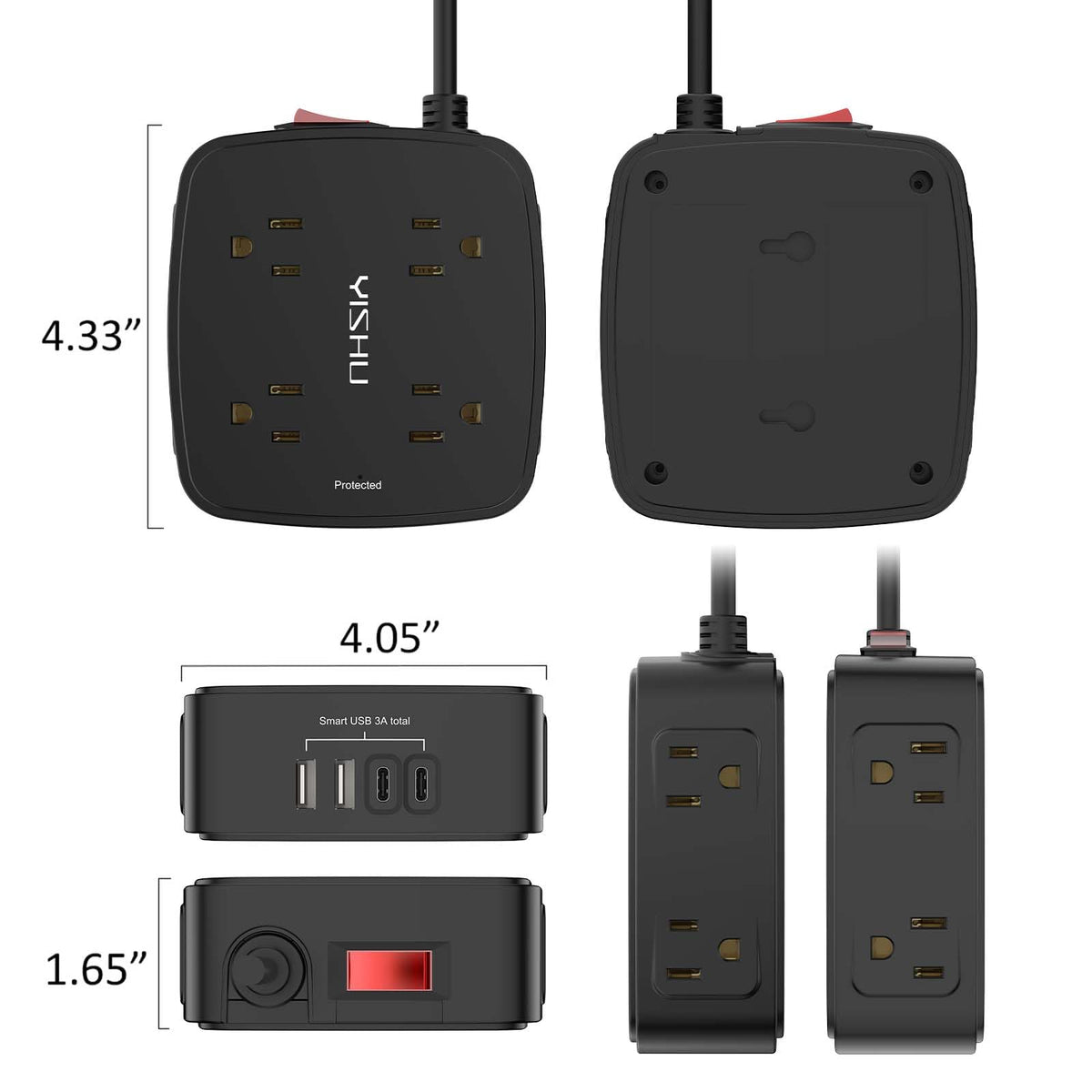 6 Ft Surge Protector Power Strip - YISHU 8 Widely Outlets with 4 USB Ports, 3 Side Outlet Extender with 6 Feet Flat Extension Cord, Ultra Flat Plug, Wall Mount, Desk USB Charging Station, ETL, Black