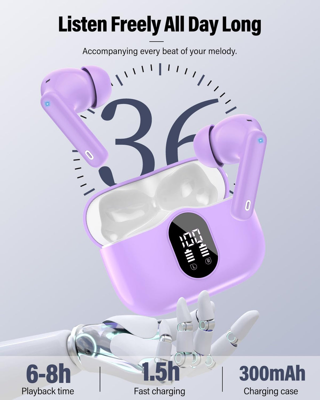 Wireless Earbuds, Bluetooth 5.4 Headphones Bass Stereo/Clear Calls, White