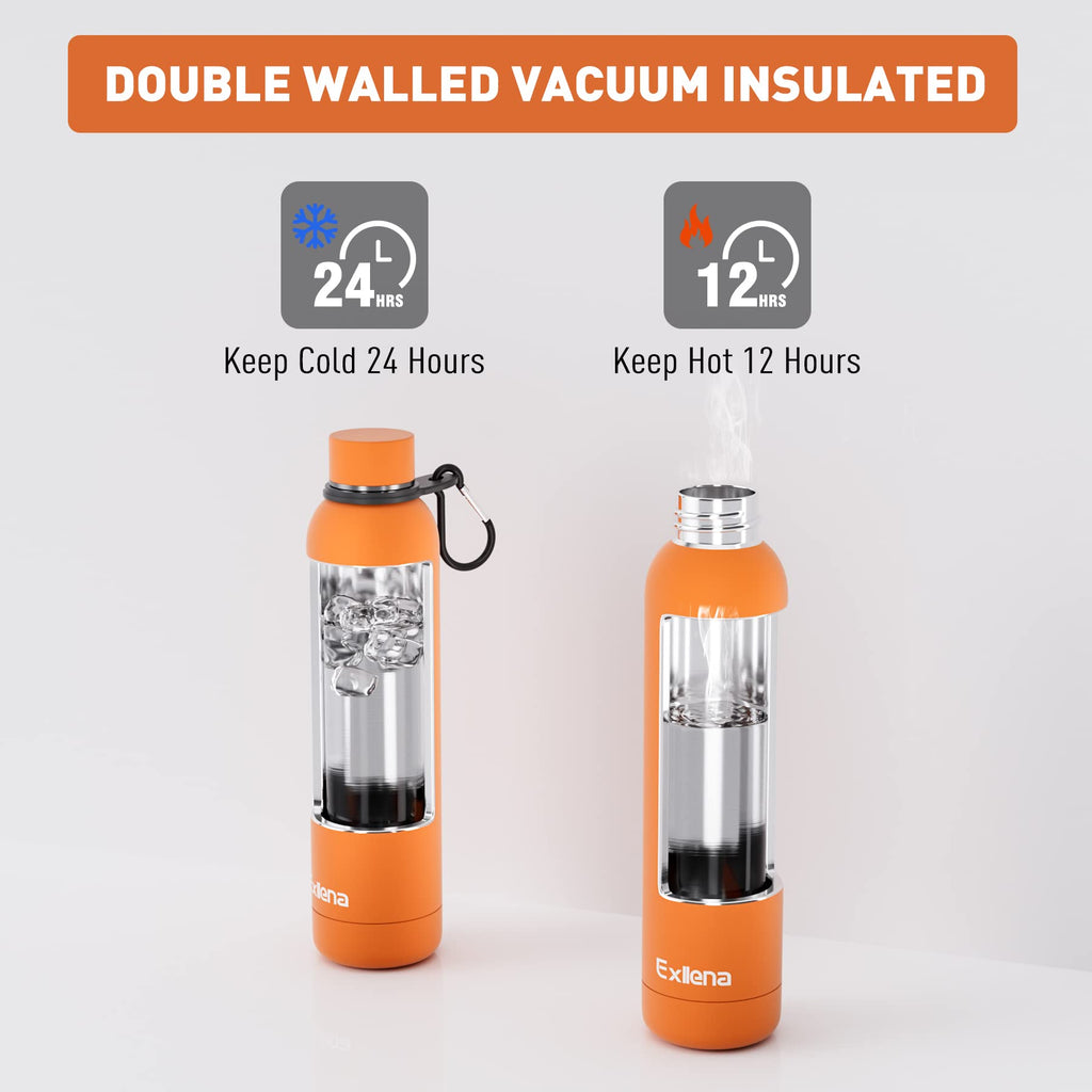 Exllena Insulated Black Water Bottles 750ml with Clip, Double Wall Vacuum Drinks Bottle Keeps Drinks Cold 24 Hrs/Hot 12 Hrs, Stainless Steel Water Bottle BPA Free