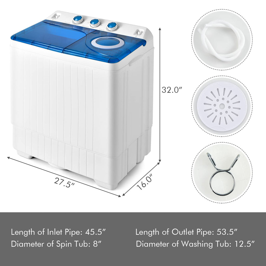 COSTWAY Portable Washing Machine, Twin Tub 26lbs Capacity Laundry, 18lbs Washer and 8lbs Spinner Combo with Timer Knobs, Built-in Drain Pump, Compact Washer for Home Dorm Apartment (Grey+White)