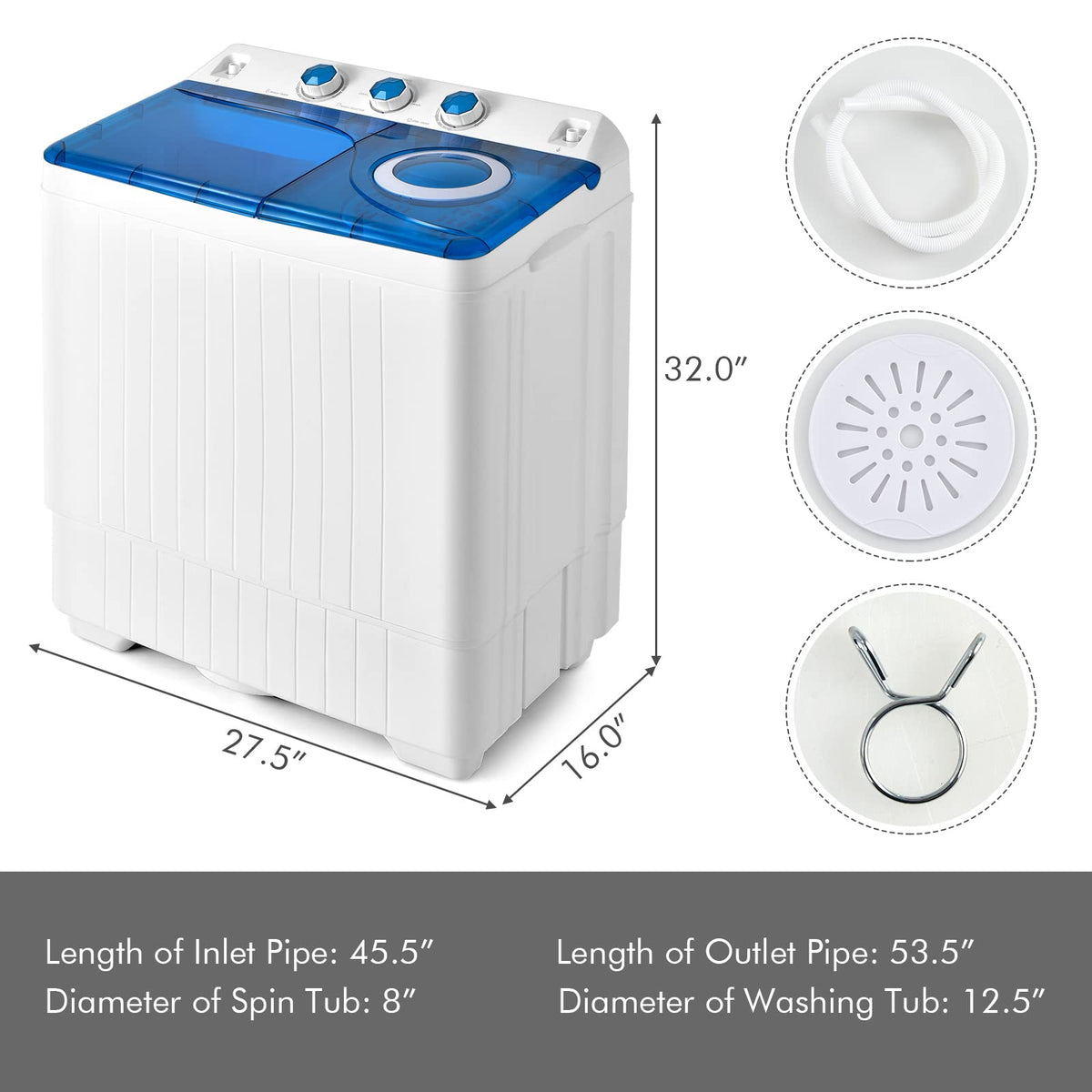COSTWAY Portable Washing Machine, Twin Tub 26lbs Capacity Laundry, 18lbs Washer and 8lbs Spinner Combo with Timer Knobs, Built-in Drain Pump, Compact Washer for Home Dorm Apartment (Grey+White)
