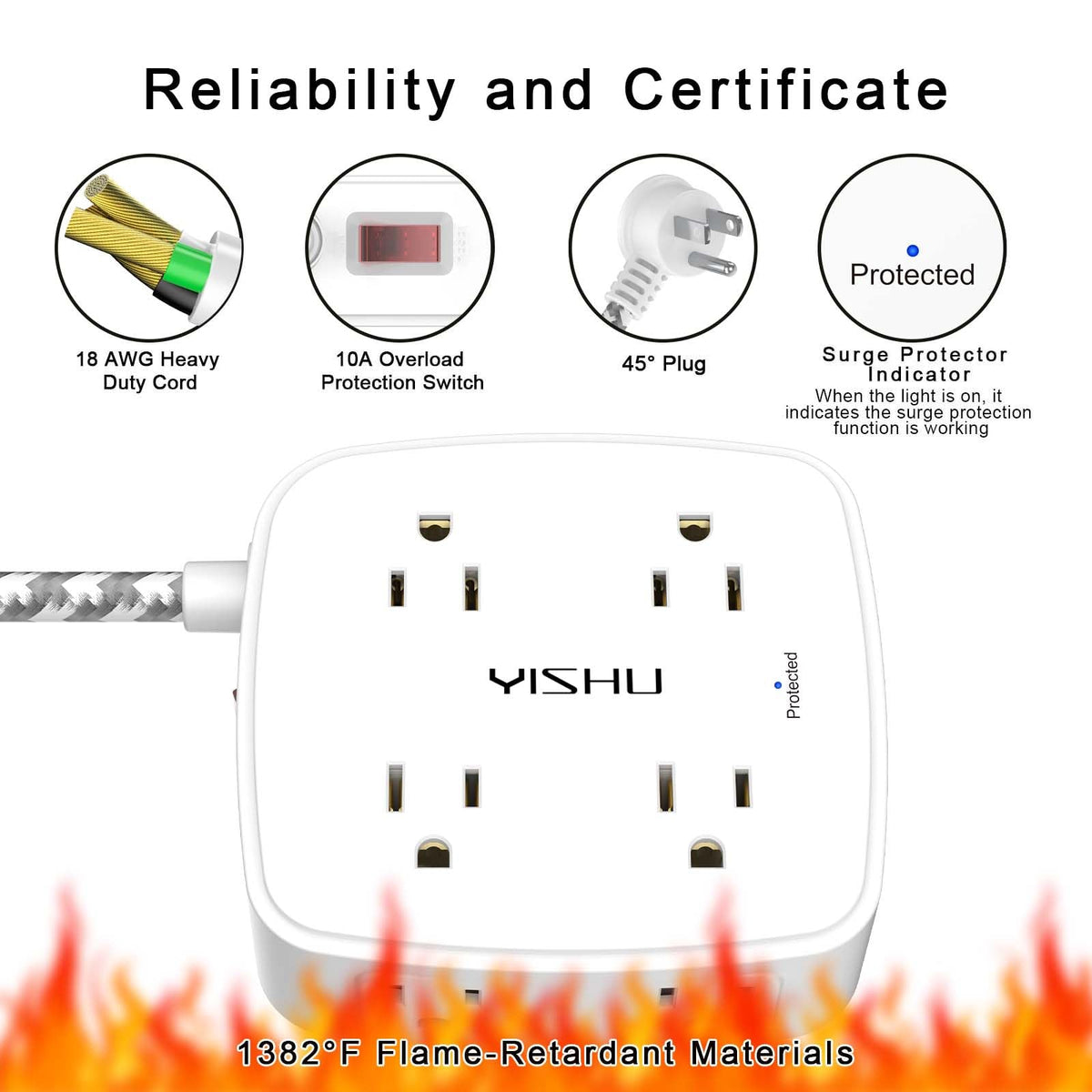 6 Ft Surge Protector Power Strip - YISHU 8 Widely Outlets with 4 USB Ports, 3 Side Outlet Extender with 6 Feet Flat Extension Cord, Ultra Flat Plug, Wall Mount, Desk USB Charging Station, ETL, Black