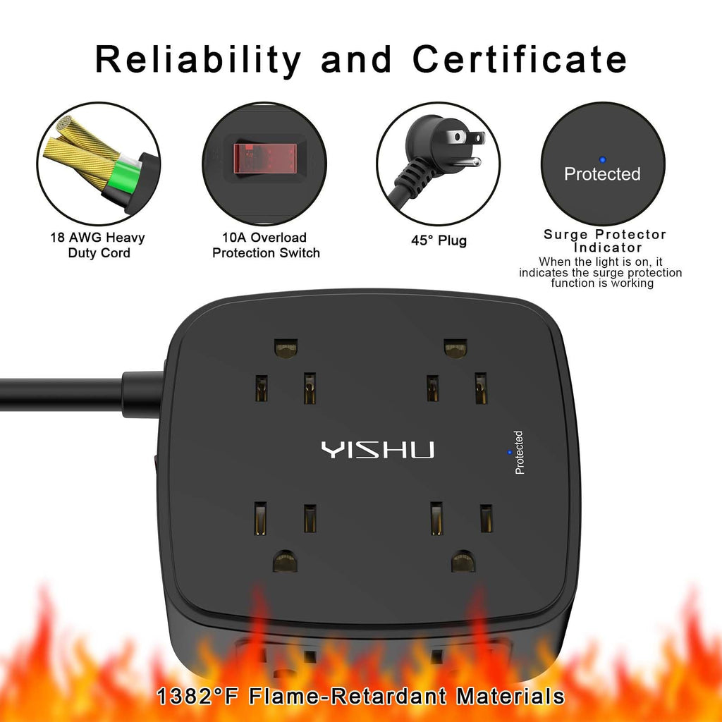6 Ft Surge Protector Power Strip - YISHU 8 Widely Outlets with 4 USB Ports, 3 Side Outlet Extender with 6 Feet Flat Extension Cord, Ultra Flat Plug, Wall Mount, Desk USB Charging Station, ETL, Black