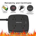 6 Ft Surge Protector Power Strip - YISHU 8 Widely Outlets with 4 USB Ports, 3 Side Outlet Extender with 6 Feet Flat Extension Cord, Ultra Flat Plug, Wall Mount, Desk USB Charging Station, ETL, Black