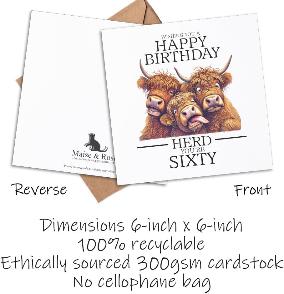 Maise & Rose Funny 60th Birthday Card For Men or Women Highland Cow P270