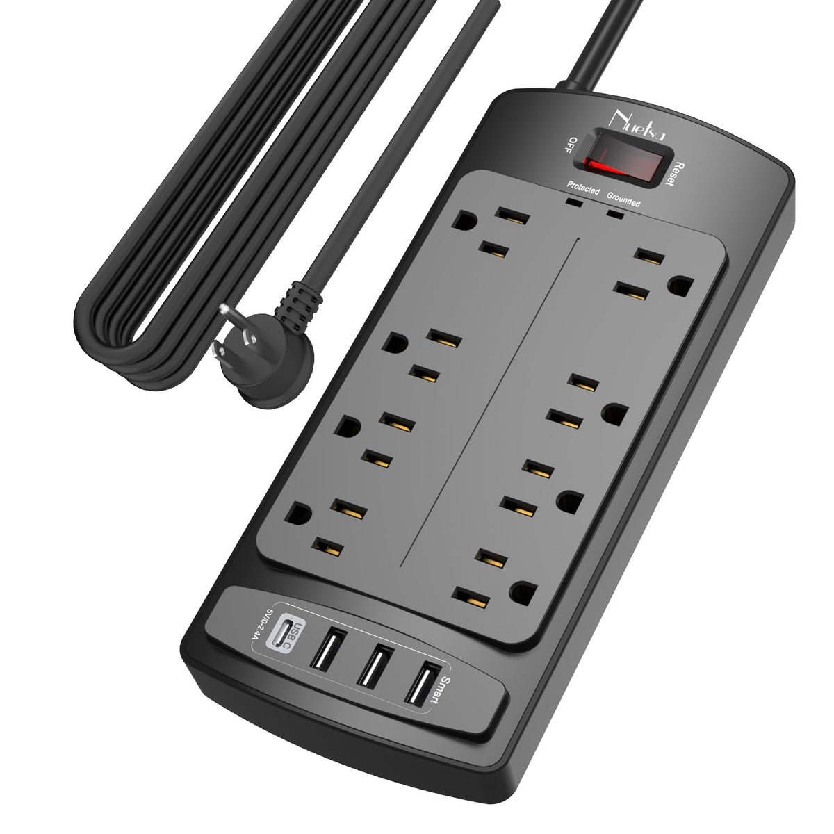 Surge Protector Power Strip - Nuetsa Flat Plug Extension Cord with 8 Outlets and 4 USB Ports, 6 Feet Power Cord, 2700 Joules, ETL Listed, Black