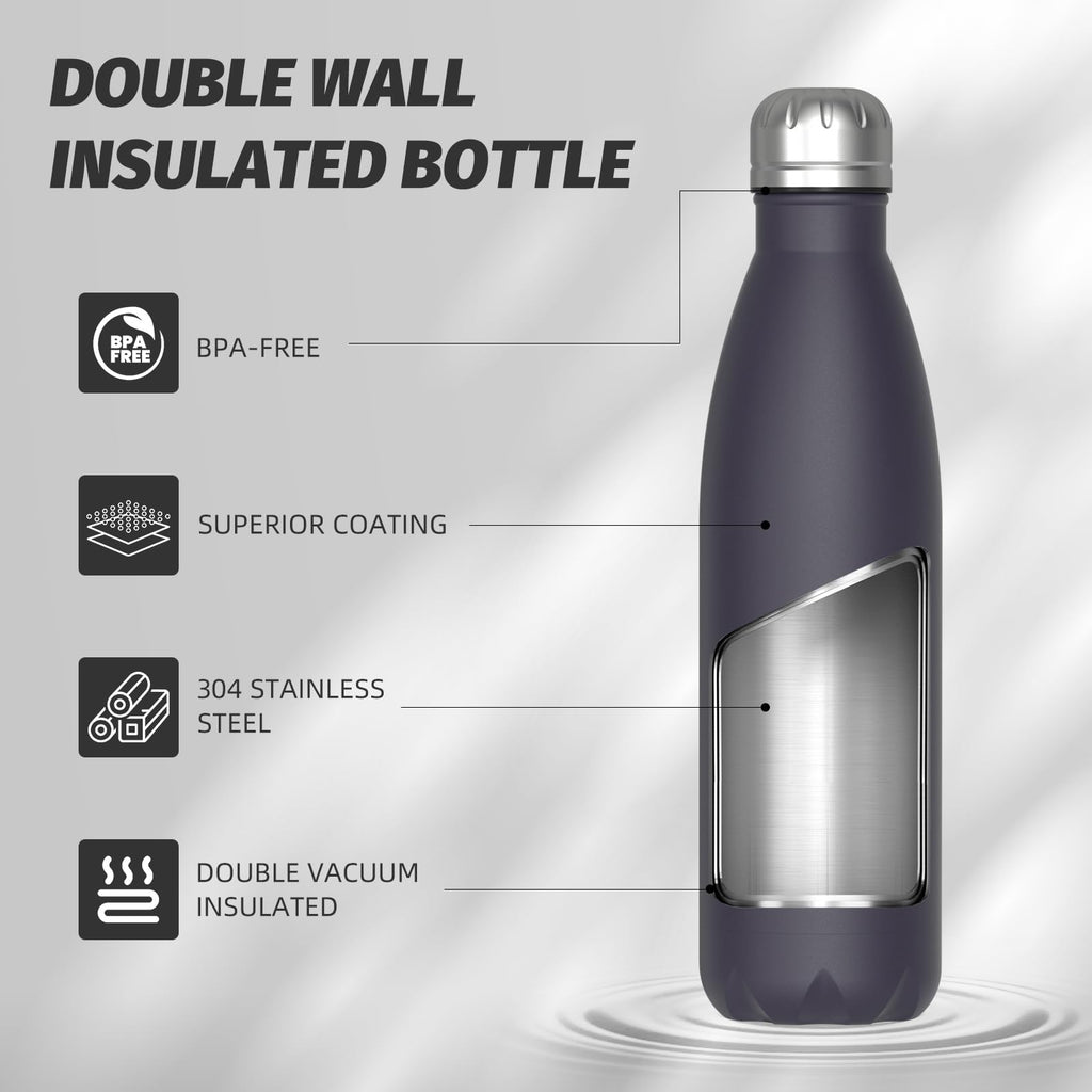 Stainless Steel Insulated Water Bottle, WATERSY Double Walled Metal Vacuum Flask Keep 24 Hrs Cold & 12 Hrs Hot Thermal Metal Sports Bottles 500ml BPA Free for Outdoor, Work, Gym, School (Black)