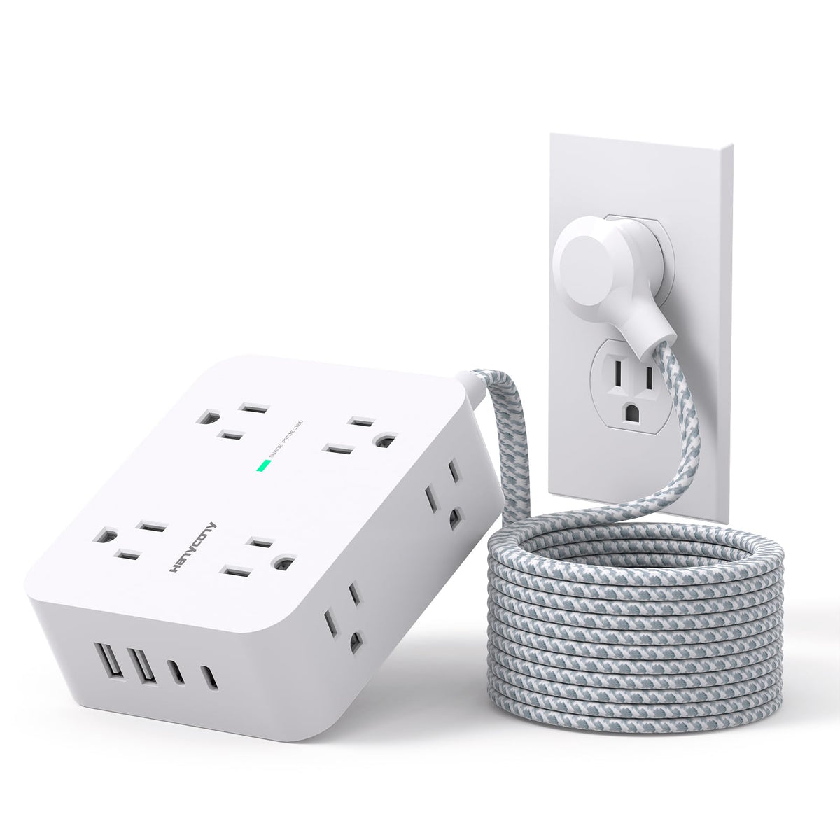 HANYCONY Surge Protector Power Strip, 10 Ft Braided Extension Cord, 1080J