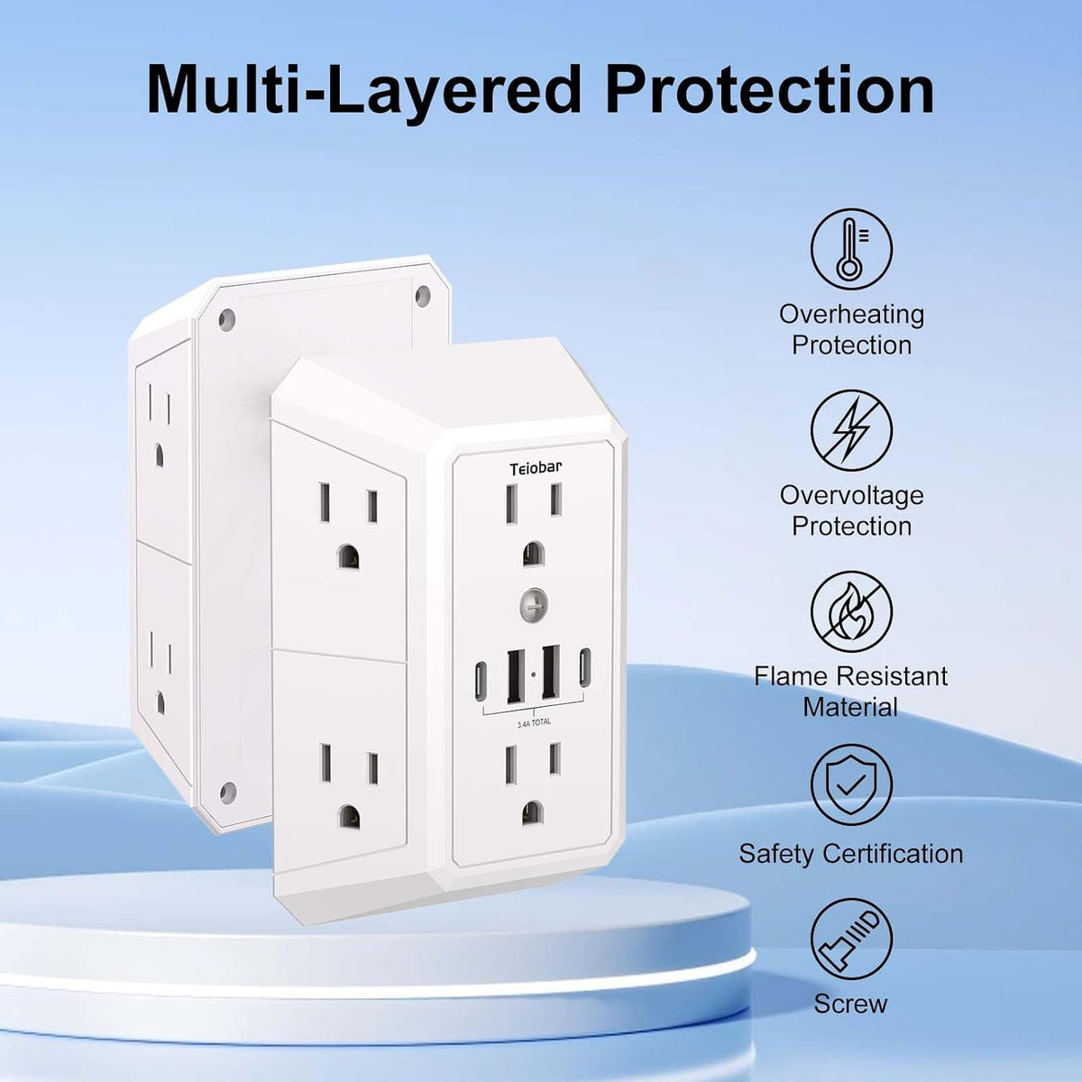 Multi Plug Wall Outlet Surge Protector with 6-Outlet & 4 USB Ports(2USB-C)