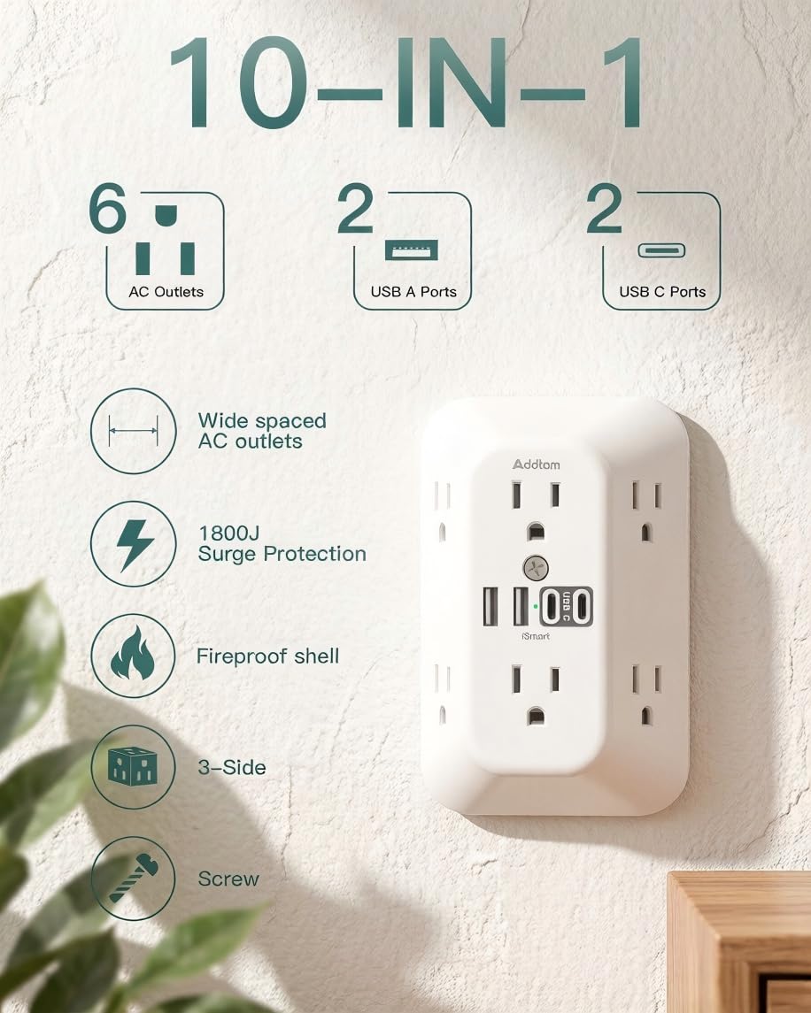 Addtam 6-Outlet Extender Surge Protector, Multi Plug Wall Outlet with 4 USB Wall Charger(PD 30W), Plug Extension Outlet with 1800J, Outlet Splitter Power Strip for Home Office, White