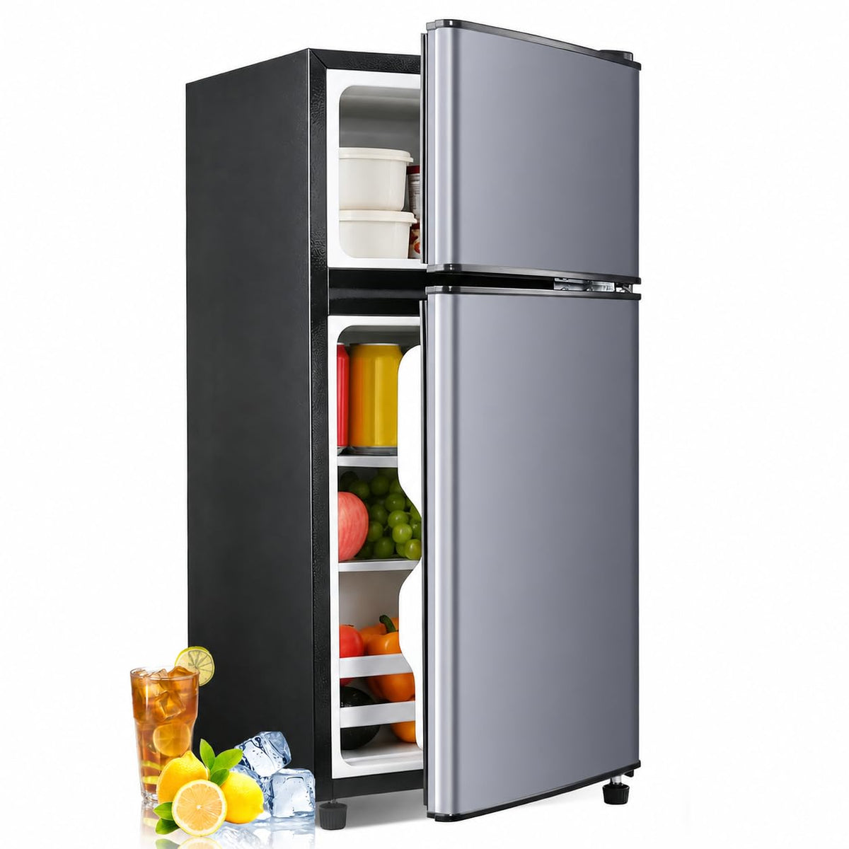 Anypro 4.0 Cu.Ft Fridge with Bottom Freezer, 2 Door Refrigerator with Drawer, 7 Level Temperatures and Adjustable Shelves for Bedroom, Dorm, Office, Apartment, Silver