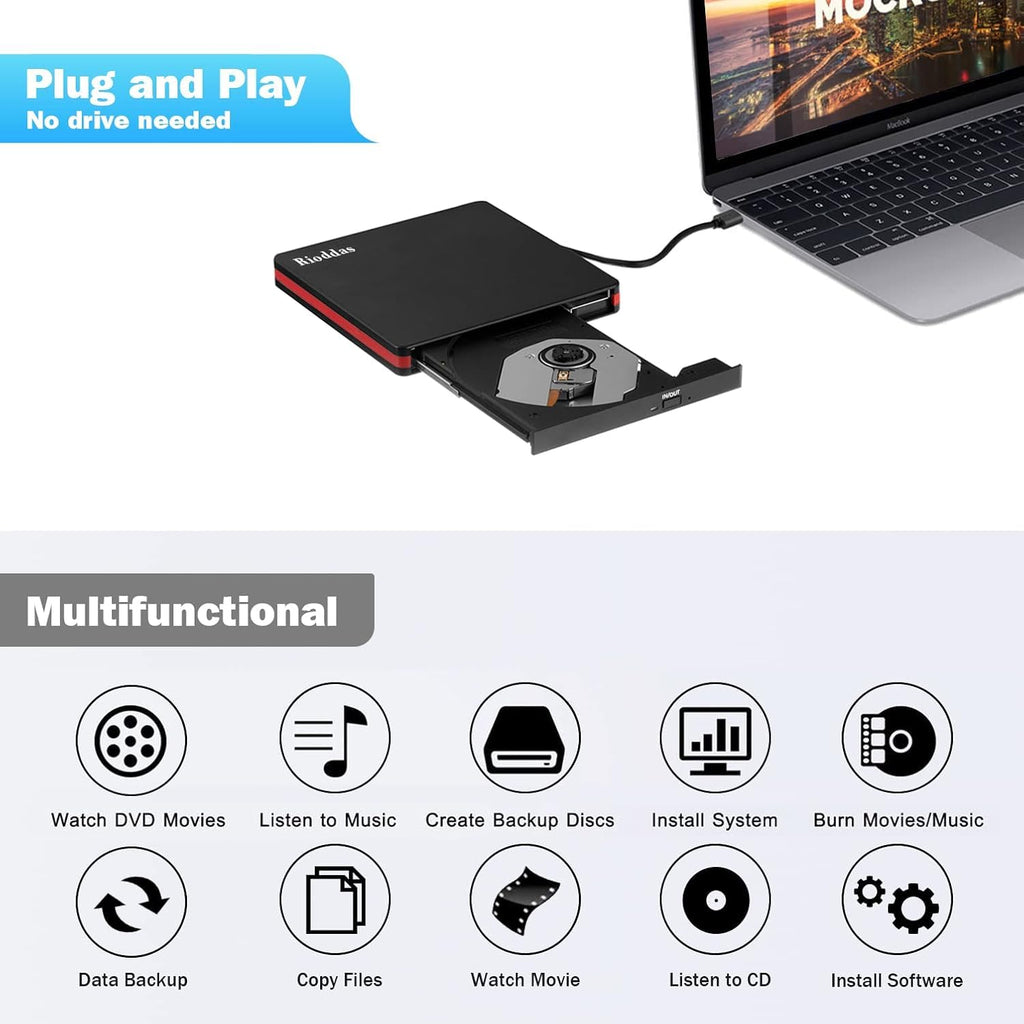Rioddas External USB-C 3.0 CD/DVD Drive Burner +/-RW, Ultra-Slim Portable DVD Player Writer Reader for Windows 11/10/8 Linux, Laptop Desktop PC Mac iMac MacBook