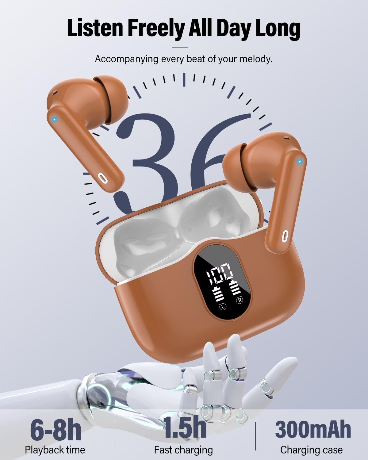 Wireless Earbuds, Bluetooth 5.4 Headphones Bass Stereo/Clear Calls, White