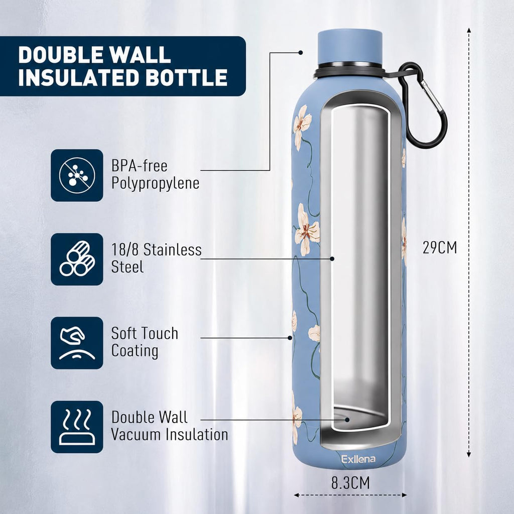 Exllena Insulated Black Water Bottles 750ml with Clip, Double Wall Vacuum Drinks Bottle Keeps Drinks Cold 24 Hrs/Hot 12 Hrs, Stainless Steel Water Bottle BPA Free