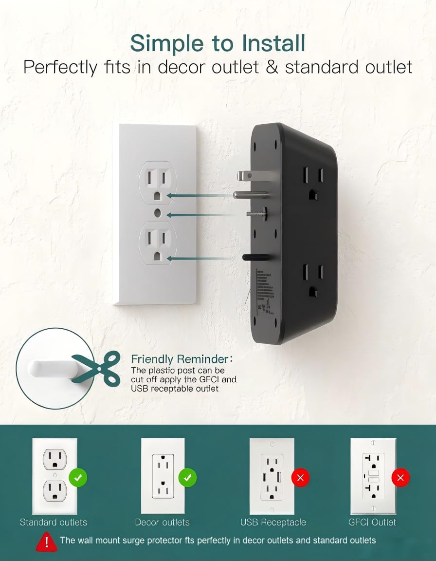 Addtam 6-Outlet Extender Surge Protector, Multi Plug Wall Outlet with 4 USB Wall Charger(PD 30W), Plug Extension Outlet with 1800J, Outlet Splitter Power Strip for Home Office, White