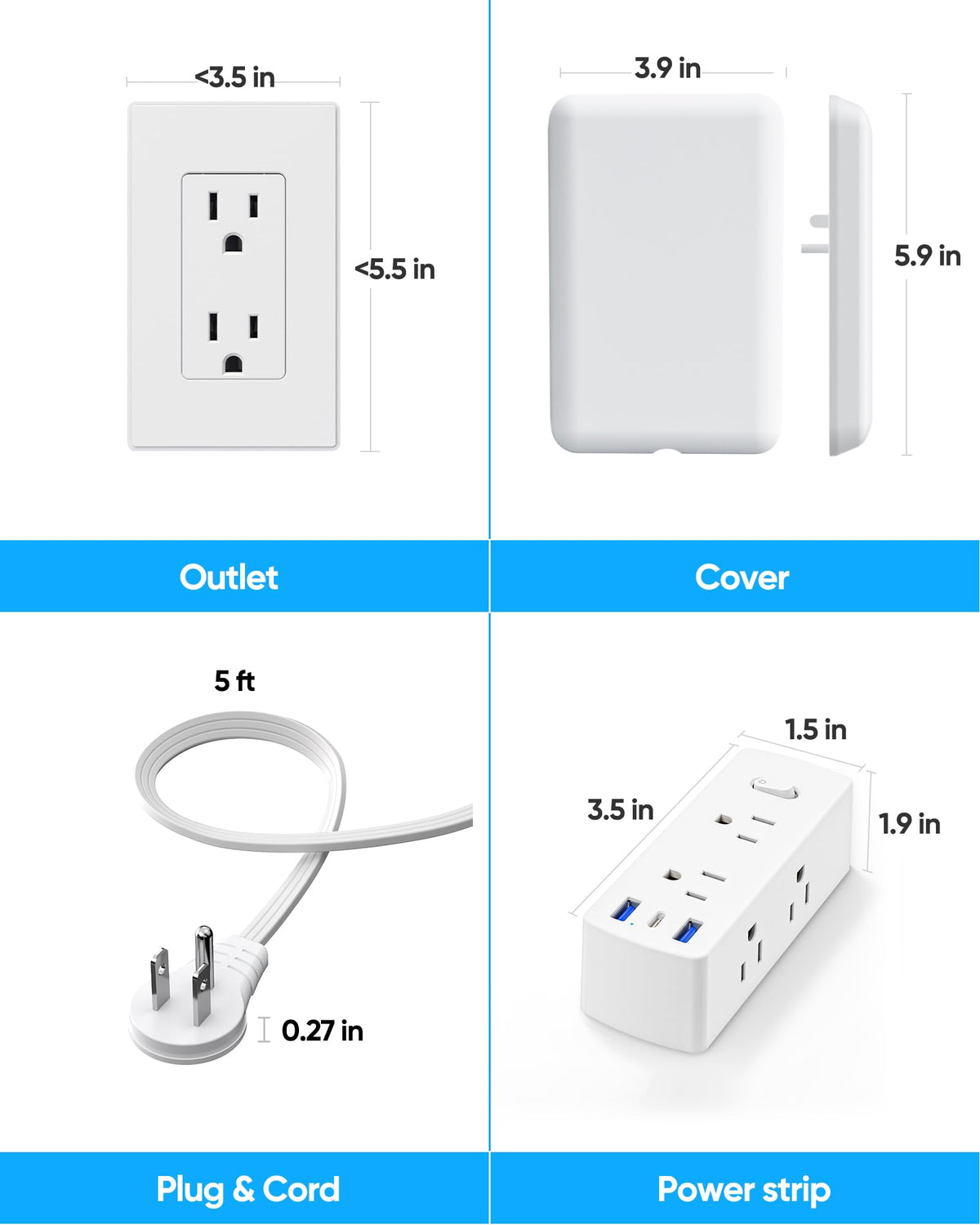 Olcorife Flat Extension Cord with Outlet Cover, Flat Plug Power Strip with 6 Outlets and 3 USB Ports, 8 FT Cord Hidden Outlet Extender for Tight Spaces