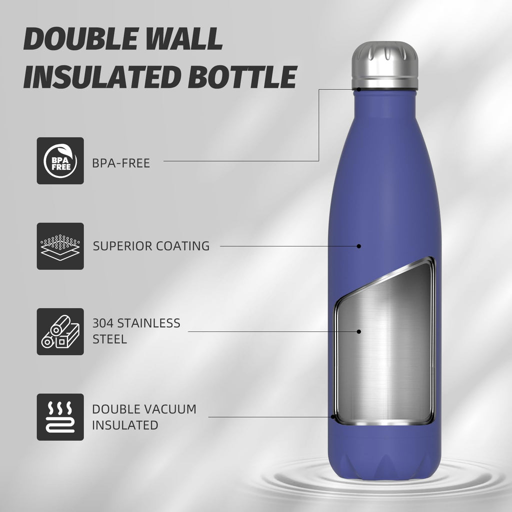Stainless Steel Insulated Water Bottle, WATERSY Double Walled Metal Vacuum Flask Keep 24 Hrs Cold & 12 Hrs Hot Thermal Metal Sports Bottles 500ml BPA Free for Outdoor, Work, Gym, School (Black)