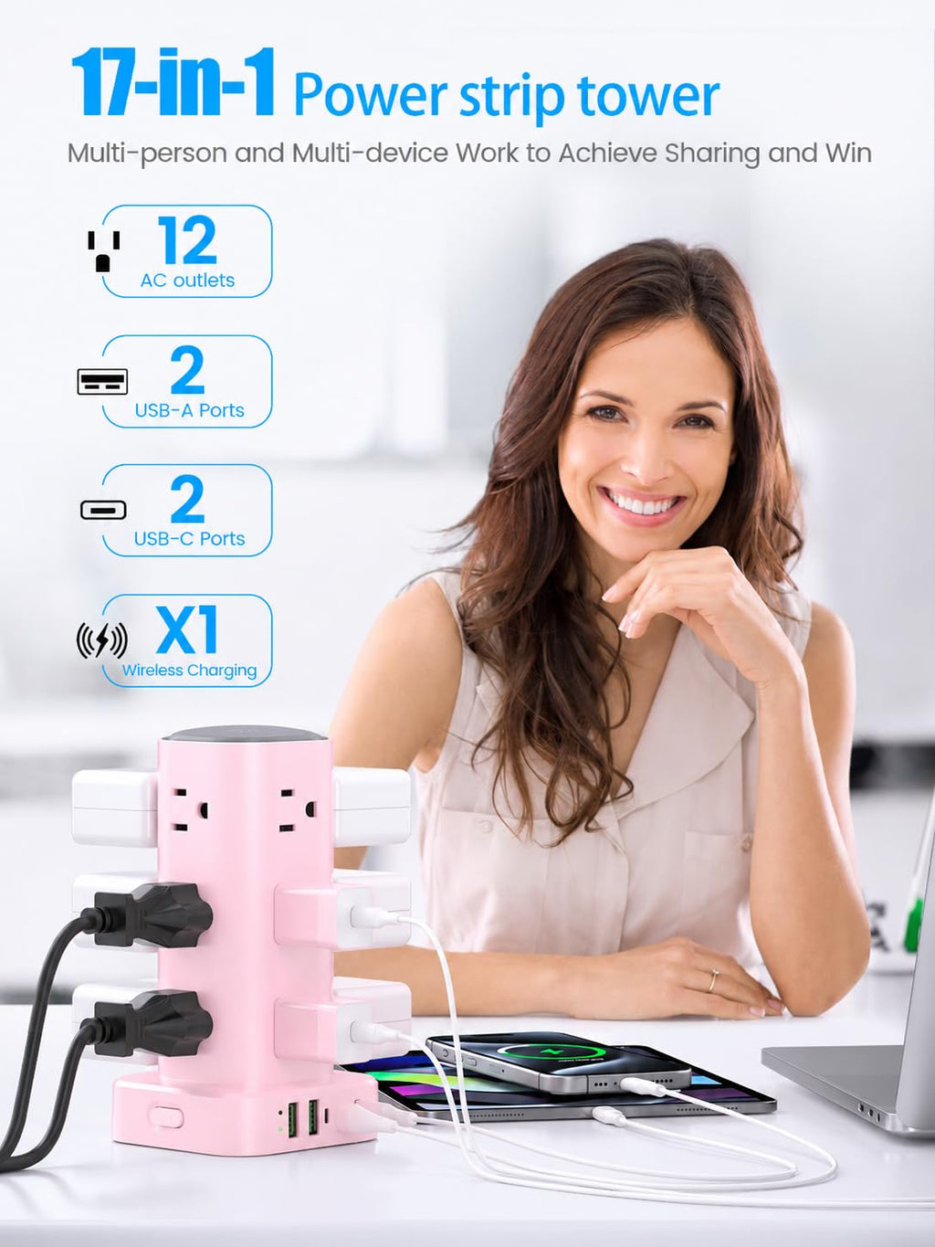 6FT Power Strip Tower with Wireless Charger,Surge Protector with 12 Outlets