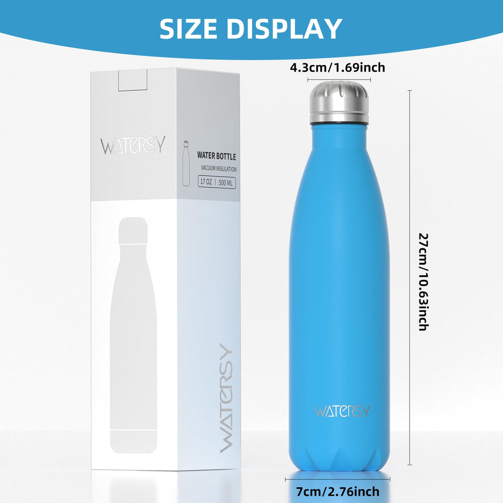 Stainless Steel Insulated Water Bottle, WATERSY Double Walled Metal Vacuum Flask Keep 24 Hrs Cold & 12 Hrs Hot Thermal Metal Sports Bottles 500ml BPA Free for Outdoor, Work, Gym, School (Black)