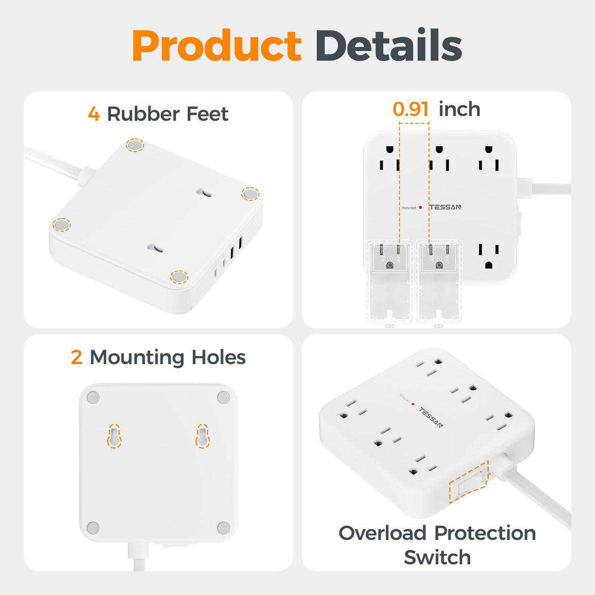 TESSAN Surge Protector Power Strip, 5Ft Flat Plug Extension Cord, Black