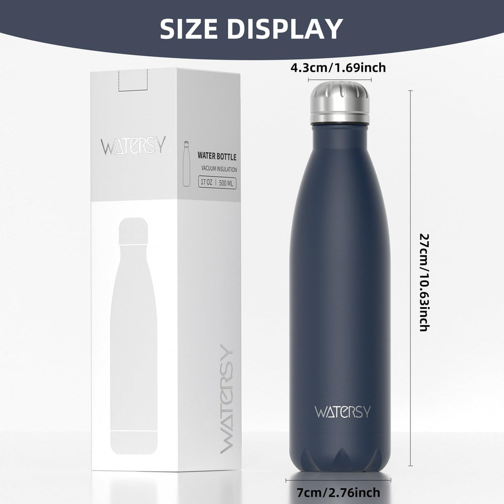 Stainless Steel Insulated Water Bottle, WATERSY Double Walled Metal Vacuum Flask Keep 24 Hrs Cold & 12 Hrs Hot Thermal Metal Sports Bottles 500ml BPA Free for Outdoor, Work, Gym, School (Black)