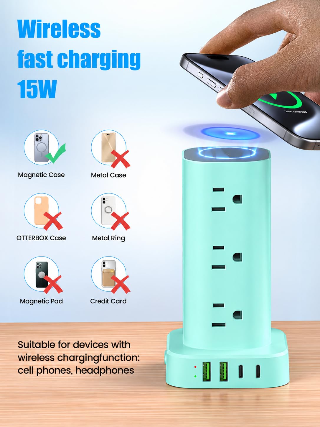 6FT Power Strip Tower with Wireless Charger,Surge Protector with 12 Outlets