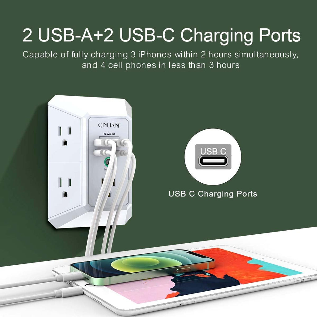 Surge Protector, QINLIANF 5 Outlet Extender with 4 USB Ports(2USB-C)
