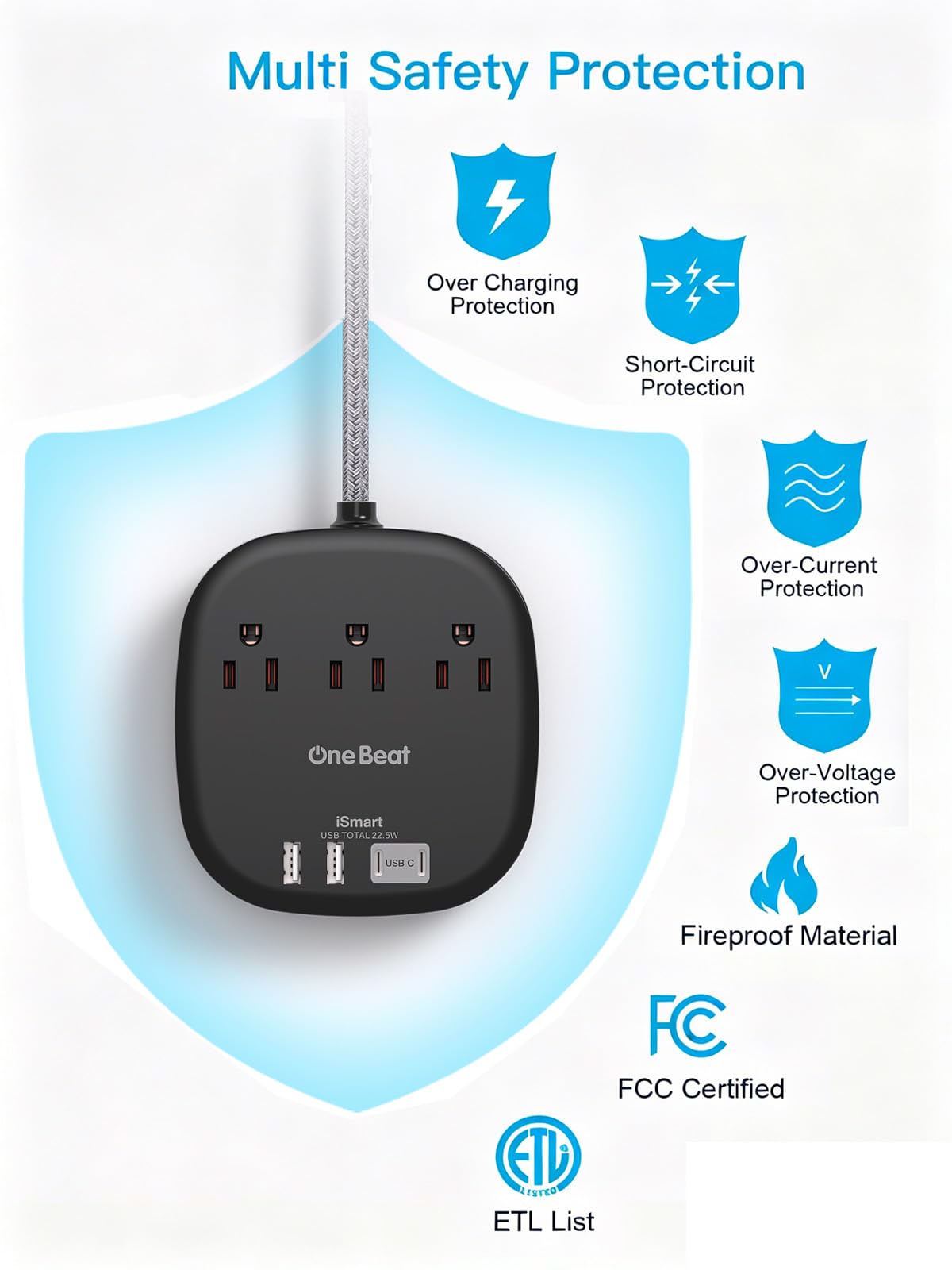 Travel Essentials, 22.5W/4.5A Flat Plug Power Strip, 6 Ft Extension Cord