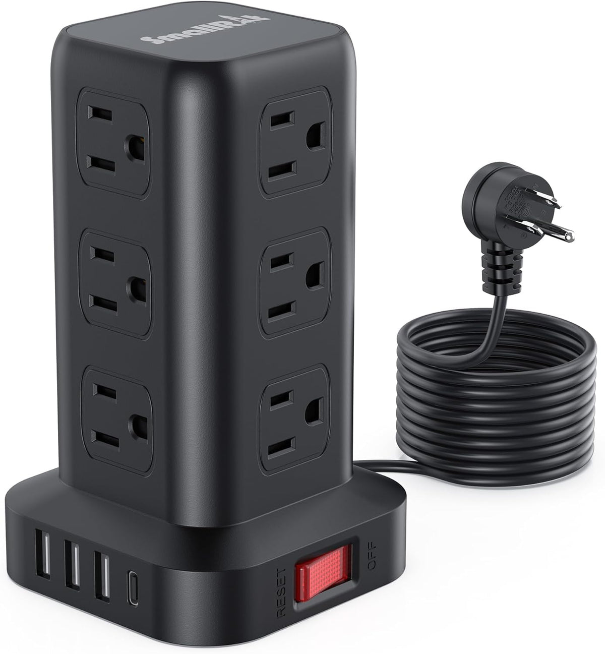 Extension Cord with Multiple Outlets, SMALLRT Power Strip Tower, PD 20W USB C, Outlet Extender with USB Ports 12 AC Outlets, 6.5FT Extension Cord for Home Office, Overload Protection