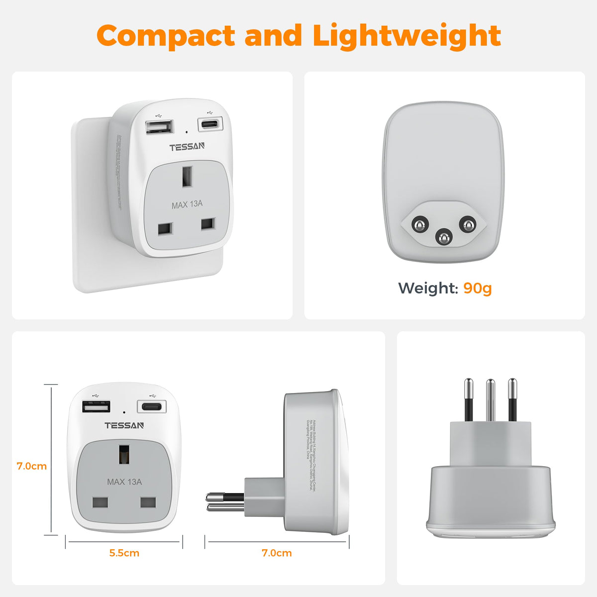 TESSAN UK to US Plug Adaptor 2 Pack, Type B USA Travel Adapter with USB C