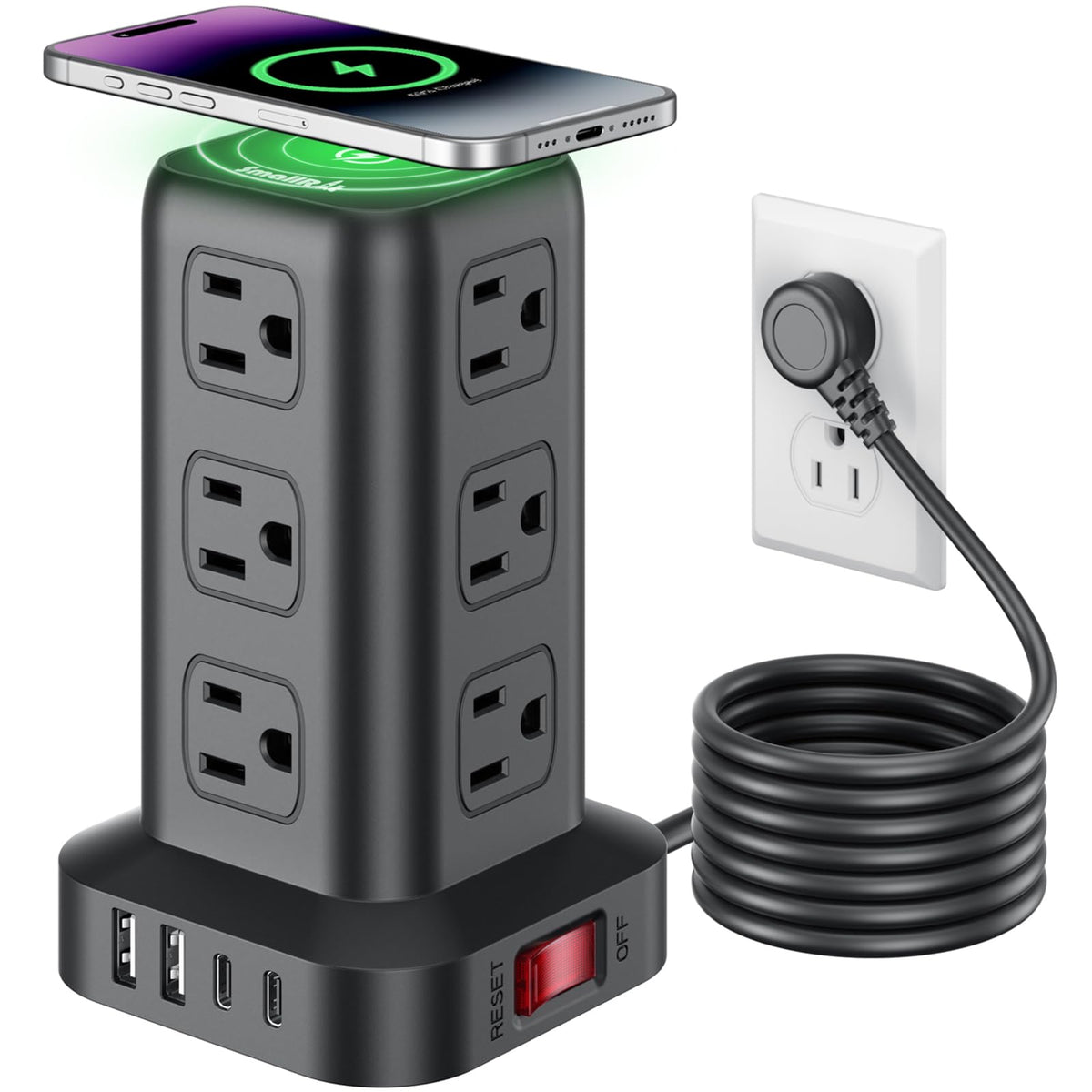 Extension Cord with Multiple Outlets, SMALLRT Power Strip Tower, PD 20W USB C, Outlet Extender with USB Ports 12 AC Outlets, 6.5FT Extension Cord for Home Office, Overload Protection