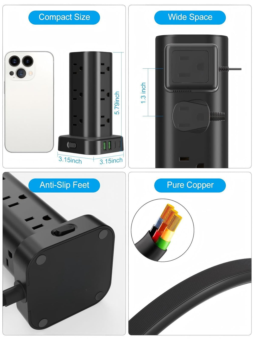 6FT Power Strip Tower with Wireless Charger,Surge Protector with 12 Outlets